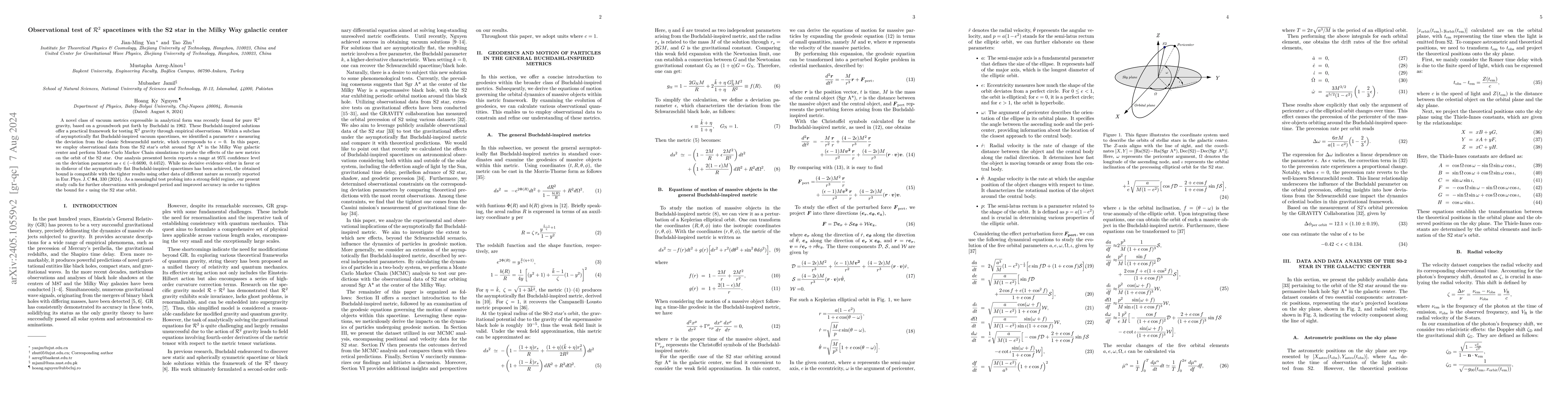 Thumbnail for Observational test of ${\cal R}^{2}$ spacetimes with the S2 star in the
  Milky Way galactic center