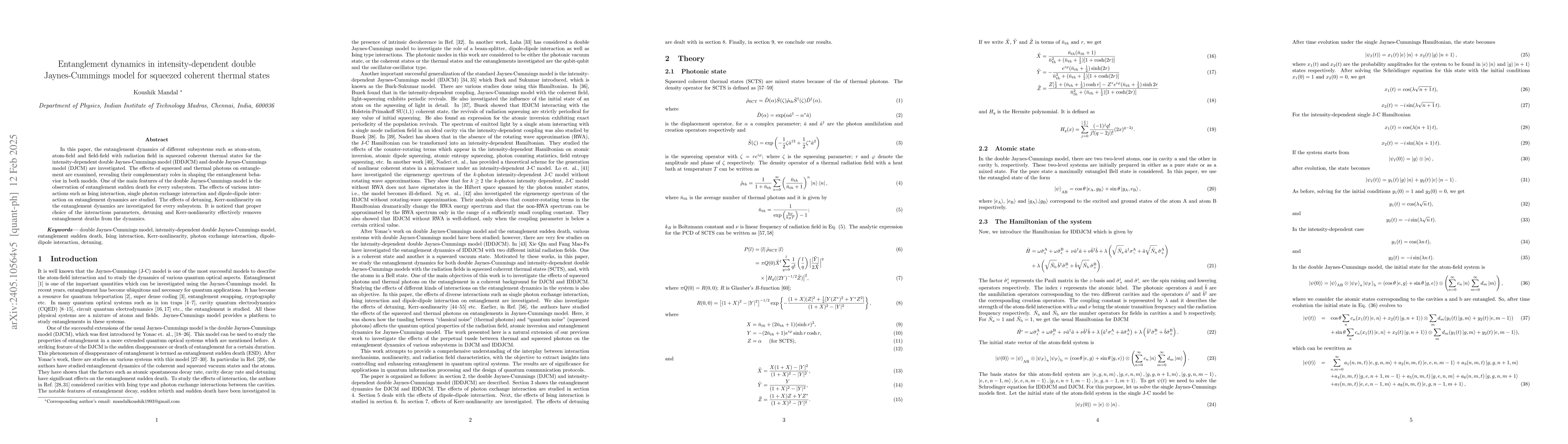 Thumbnail for Entanglement dynamics in double Jaynes-Cummings model and
  intensity-dependent double Jaynes-Cummings model for squeezed coherent
  thermal states