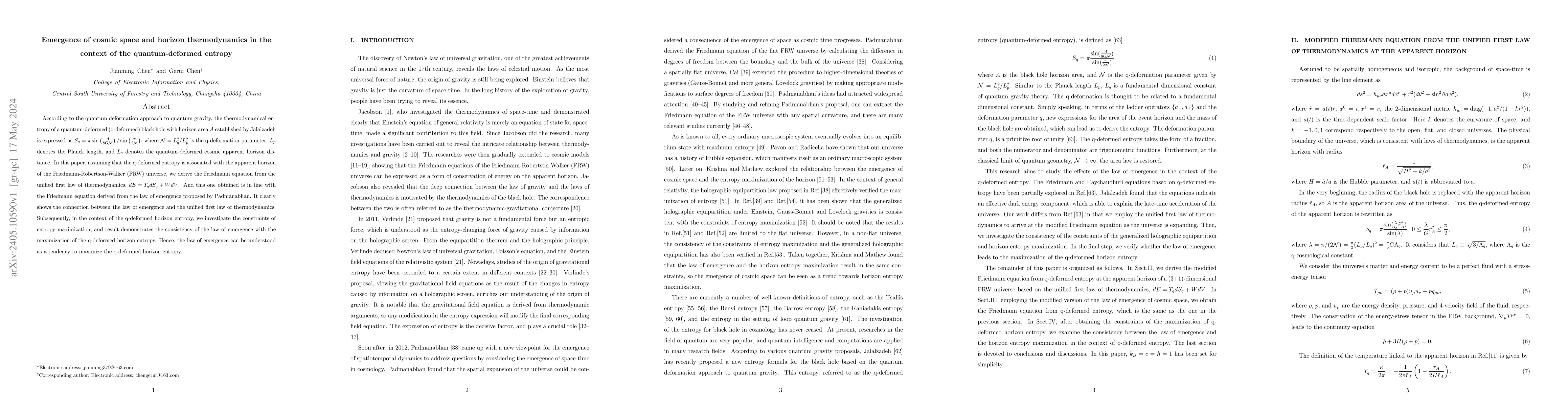 Thumbnail for Emergence of cosmic space and horizon thermodynamics in the context of
  the quantum-deformed entropy
