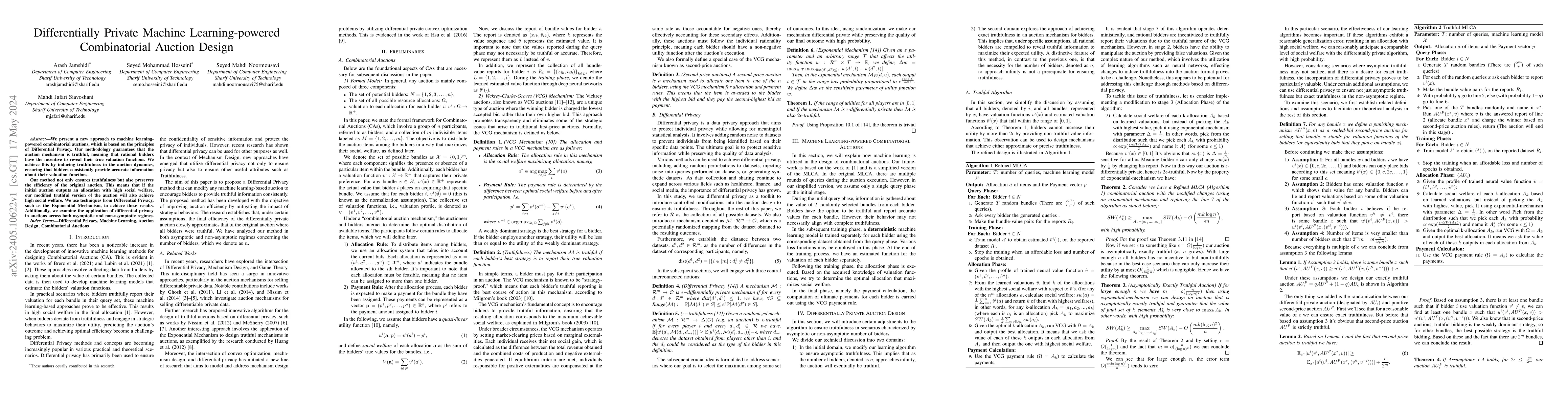 Thumbnail for Differentially Private Machine Learning-powered Combinatorial Auction
  Design