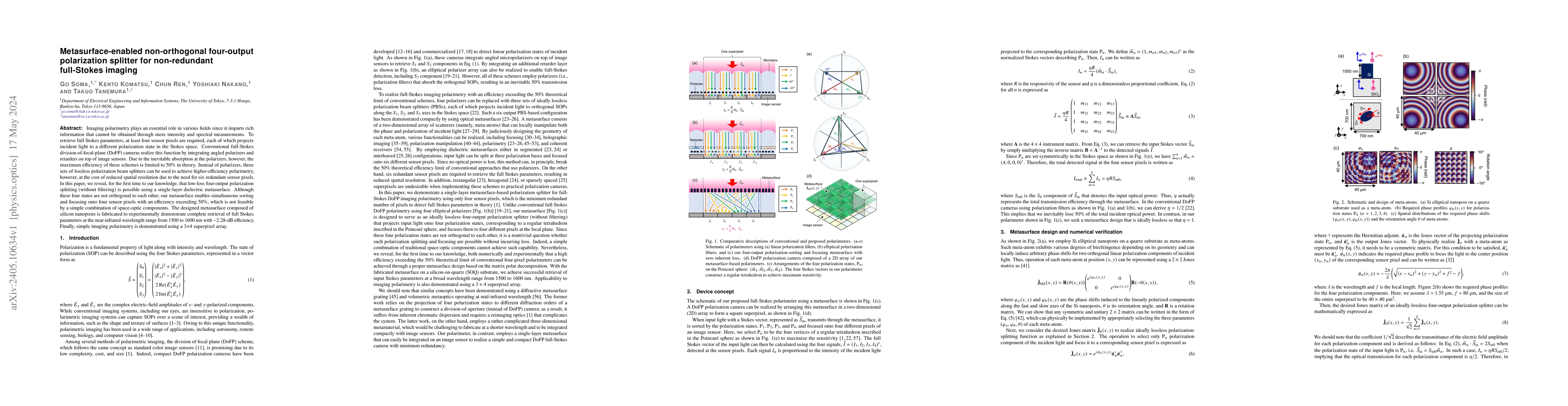 Thumbnail for Metasurface-enabled non-orthogonal four-output polarization splitter for
  non-redundant full-Stokes imaging
