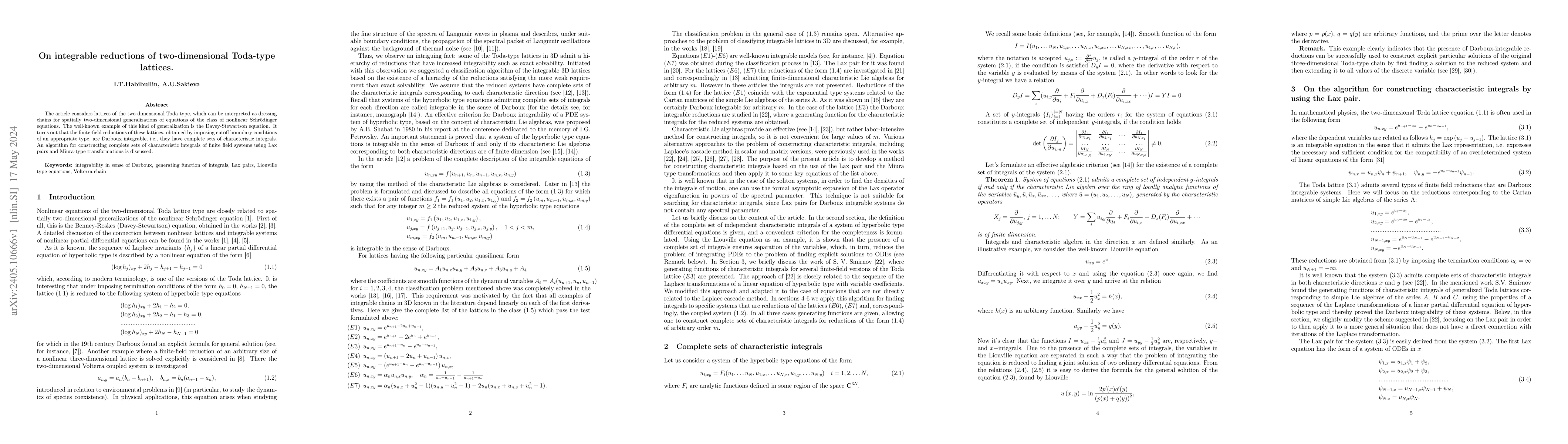 Thumbnail for On integrable reductions of two-dimensional Toda-type lattices