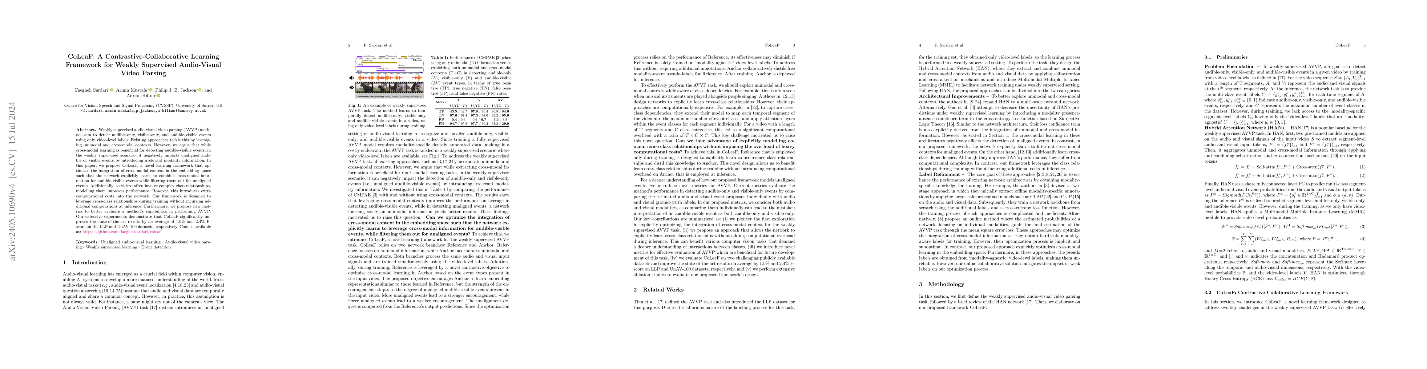 Thumbnail for CoLeaF: A Contrastive-Collaborative Learning Framework for Weakly
  Supervised Audio-Visual Video Parsing