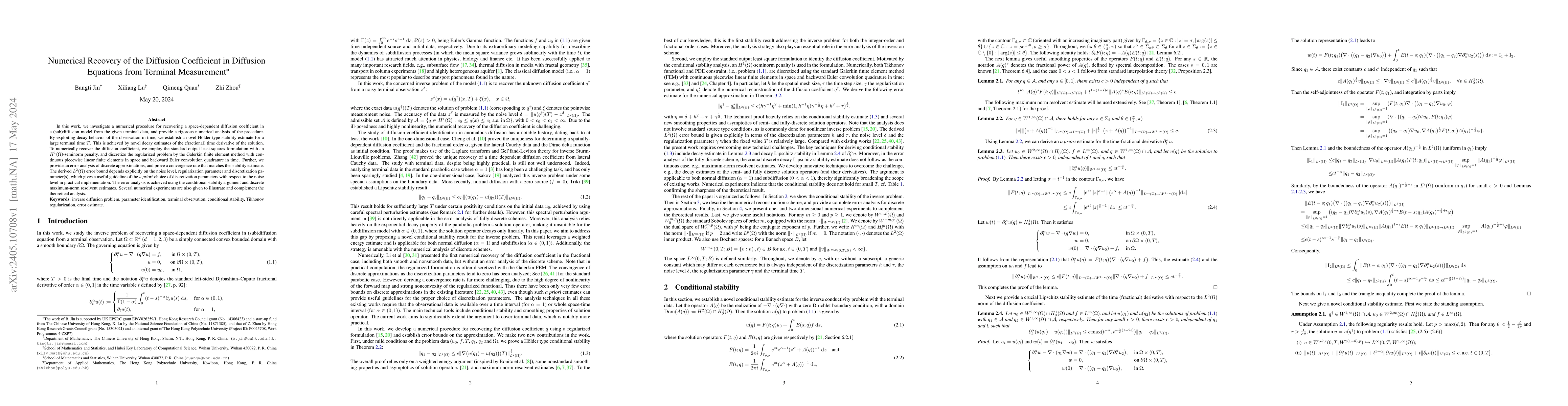 Thumbnail for Numerical Recovery of the Diffusion Coefficient in Diffusion Equations
  from Terminal Measurement