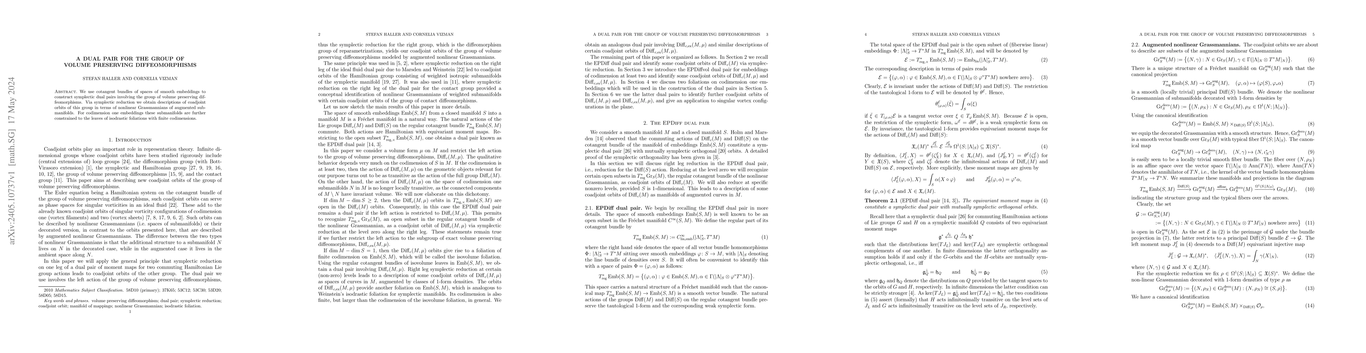 Thumbnail for A dual pair for the group of volume preserving diffeomorphisms