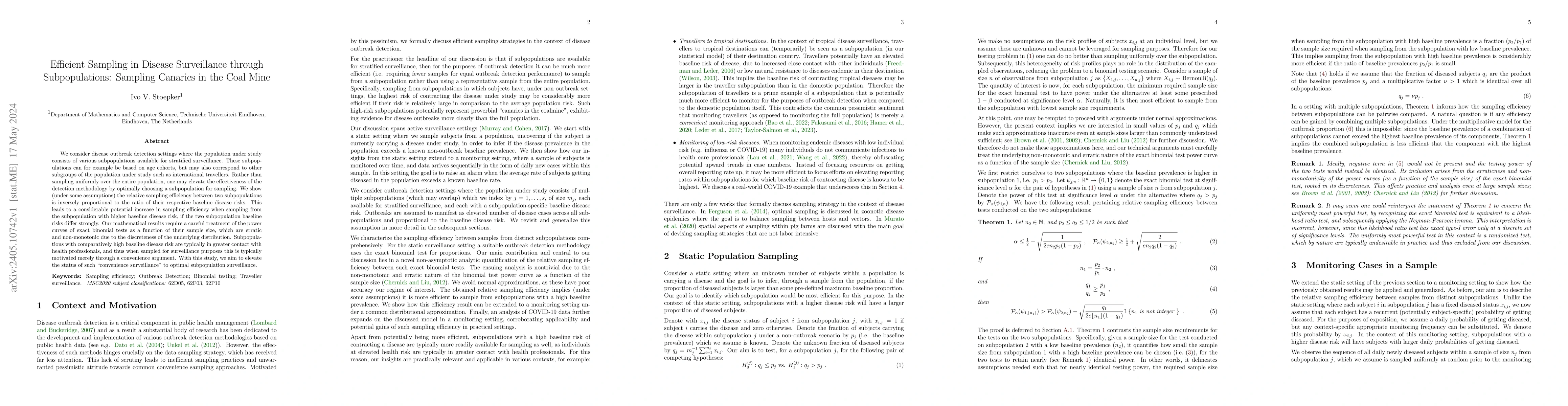 Thumbnail for Efficient Sampling in Disease Surveillance through Subpopulations:
  Sampling Canaries in the Coal Mine