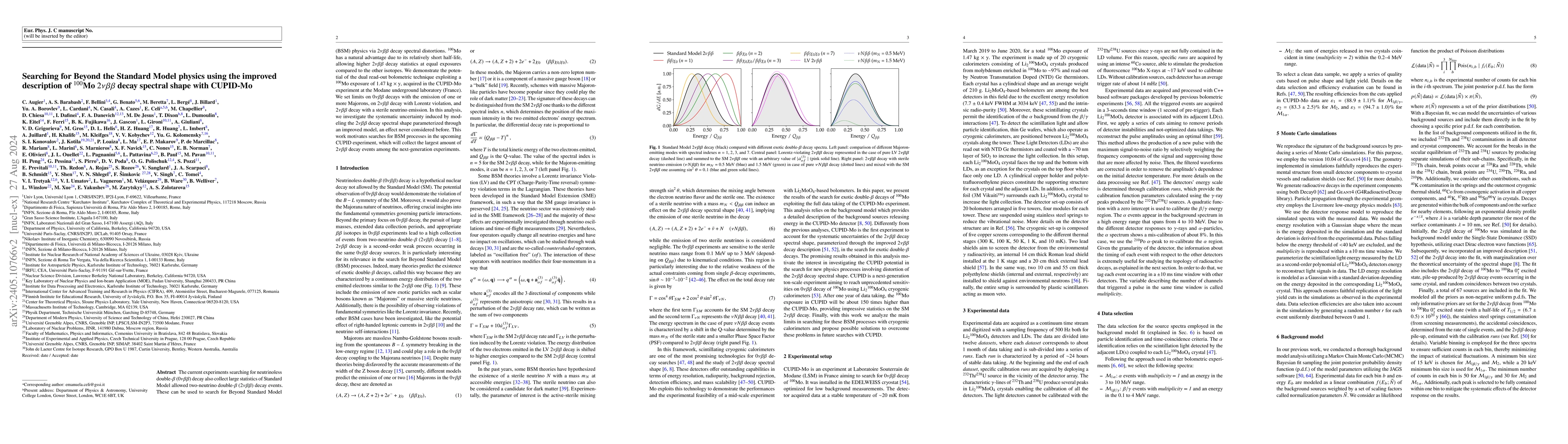 Thumbnail for Probing Beyond the Standard Model physics using the improved description
  of $^{100}$Mo $2\nu\beta\beta$ decay spectral shape with CUPID-Mo