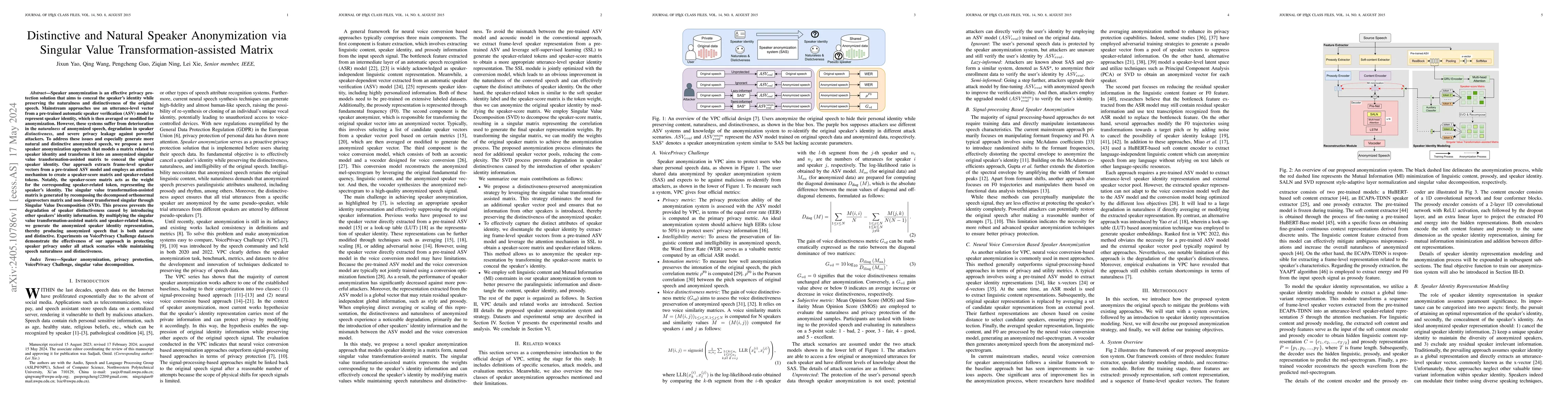 Thumbnail for Distinctive and Natural Speaker Anonymization via Singular Value
  Transformation-assisted Matrix