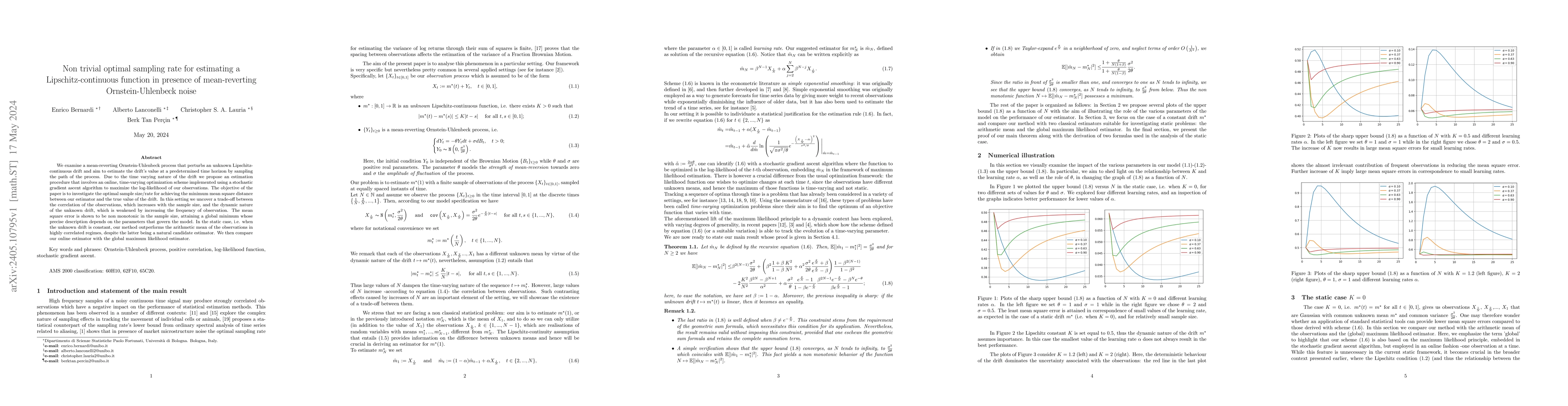 Thumbnail for Non trivial optimal sampling rate for estimating a Lipschitz-continuous
  function in presence of mean-reverting Ornstein-Uhlenbeck noise
