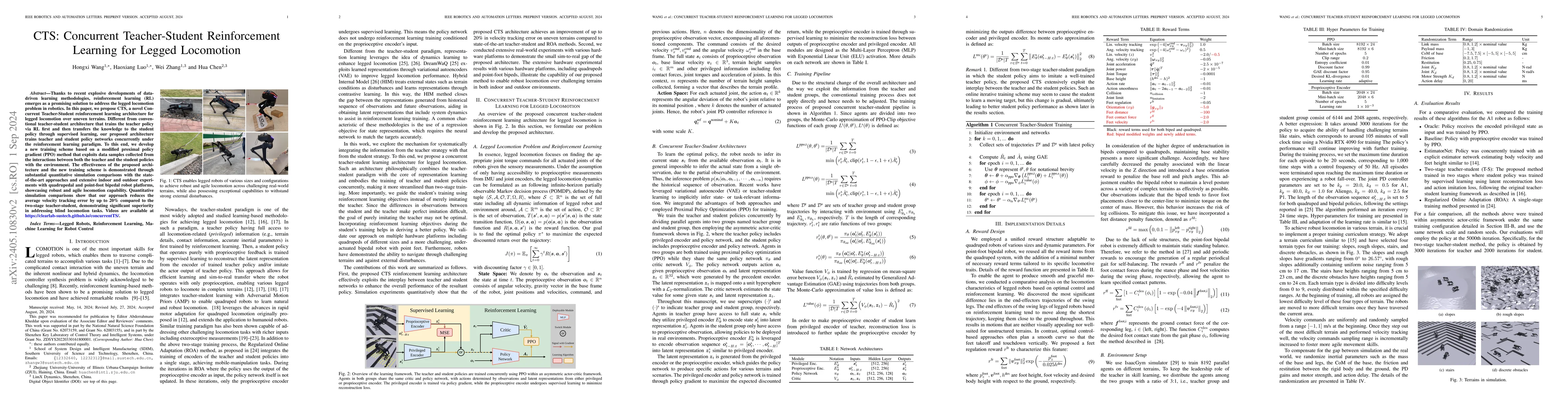 Thumbnail for Combining Teacher-Student with Representation Learning: A Concurrent
  Teacher-Student Reinforcement Learning Paradigm for Legged Locomotion