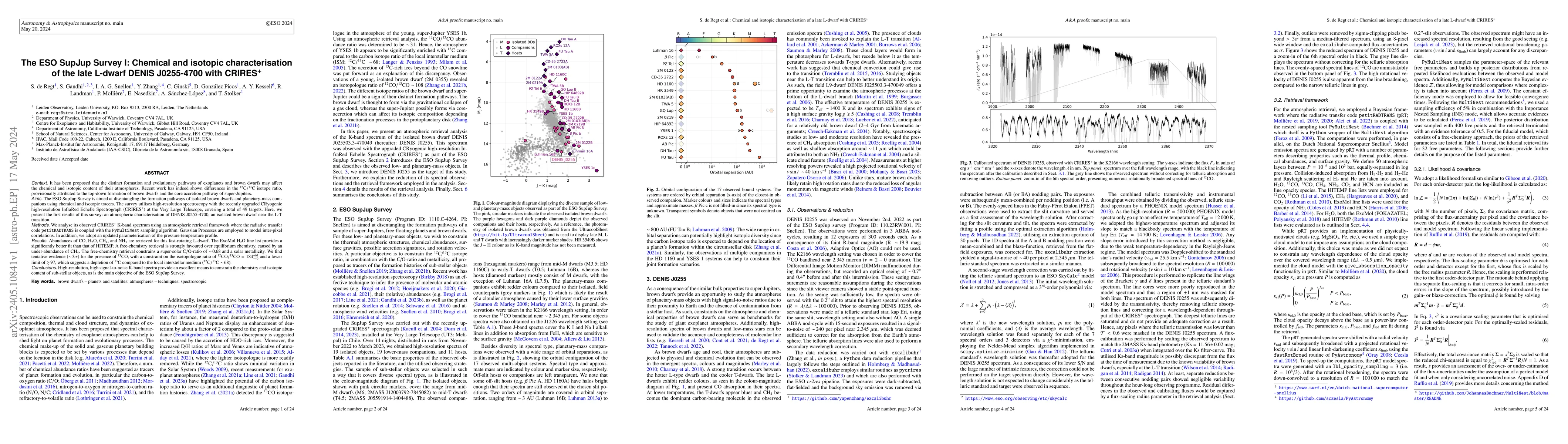 Thumbnail for The ESO SupJup Survey I: Chemical and isotopic characterisation of the
  late L-dwarf DENIS J0255-4700 with CRIRES$^+$