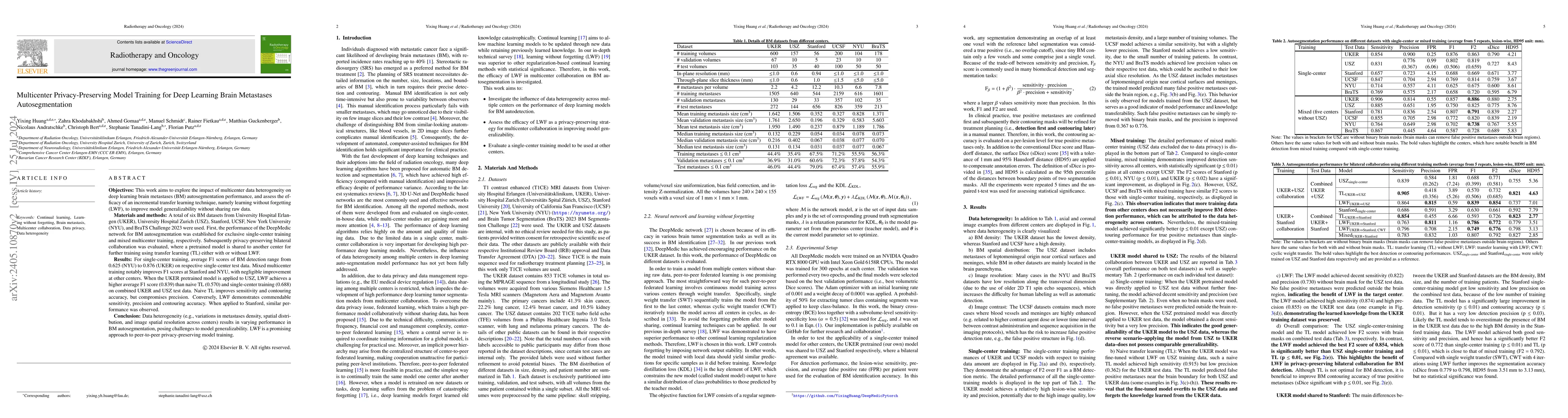 Thumbnail for Multicenter Privacy-Preserving Model Training for Deep Learning Brain
  Metastases Autosegmentation