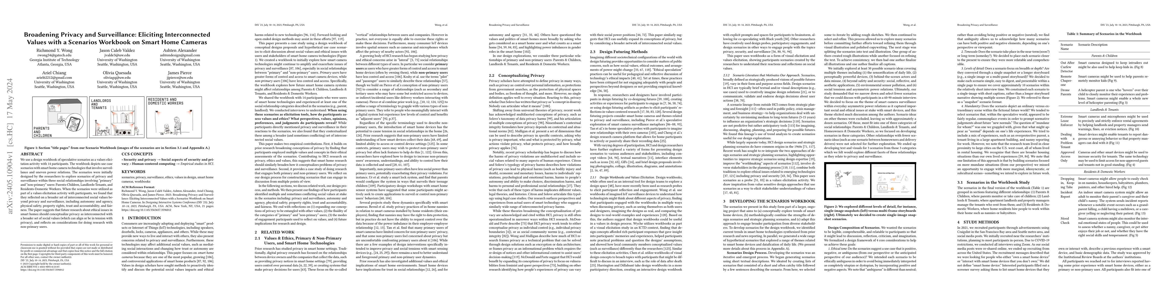 Thumbnail for Broadening Privacy and Surveillance: Eliciting Interconnected Values
  with a Scenarios Workbook on Smart Home Cameras