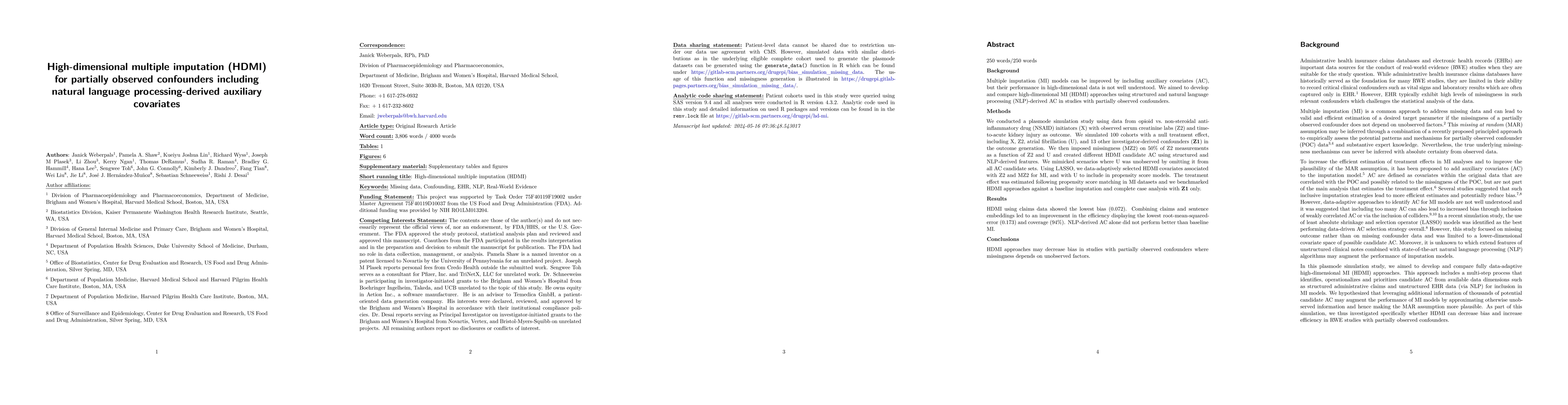 Thumbnail for High-dimensional multiple imputation (HDMI) for partially observed
  confounders including natural language processing-derived auxiliary
  covariates