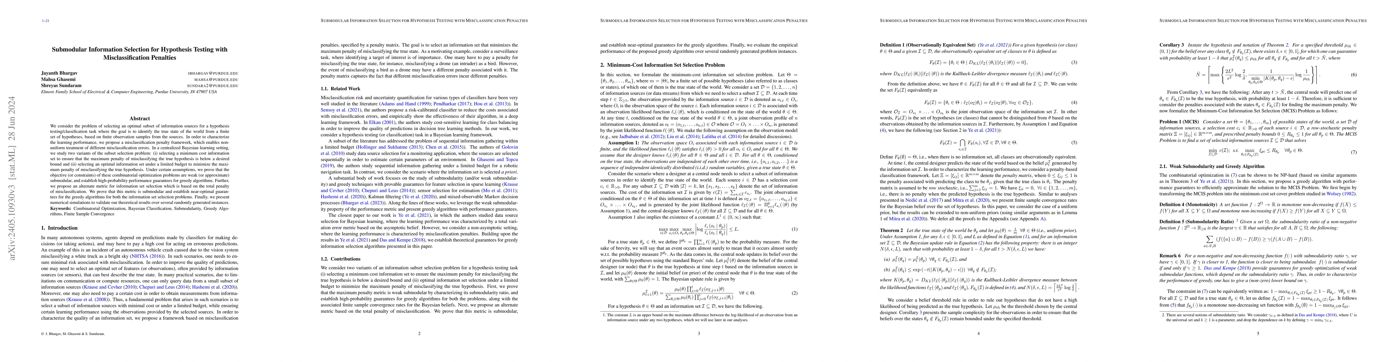 Thumbnail for Submodular Information Selection for Hypothesis Testing with
  Misclassification Penalties
