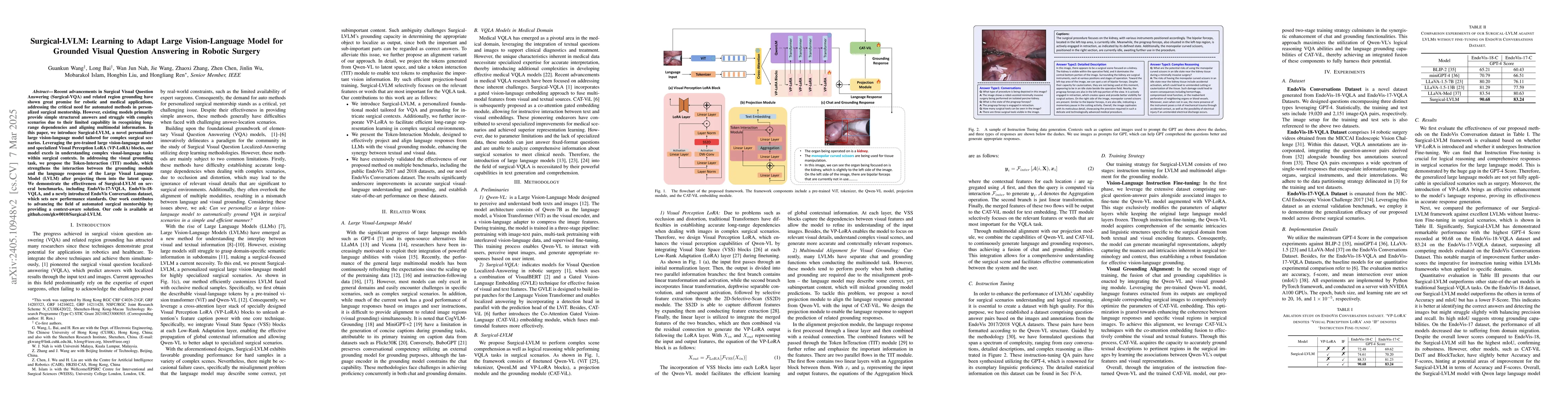 Thumbnail for Surgical-LVLM: Learning to Adapt Large Vision-Language Model for
  Grounded Visual Question Answering in Robotic Surgery