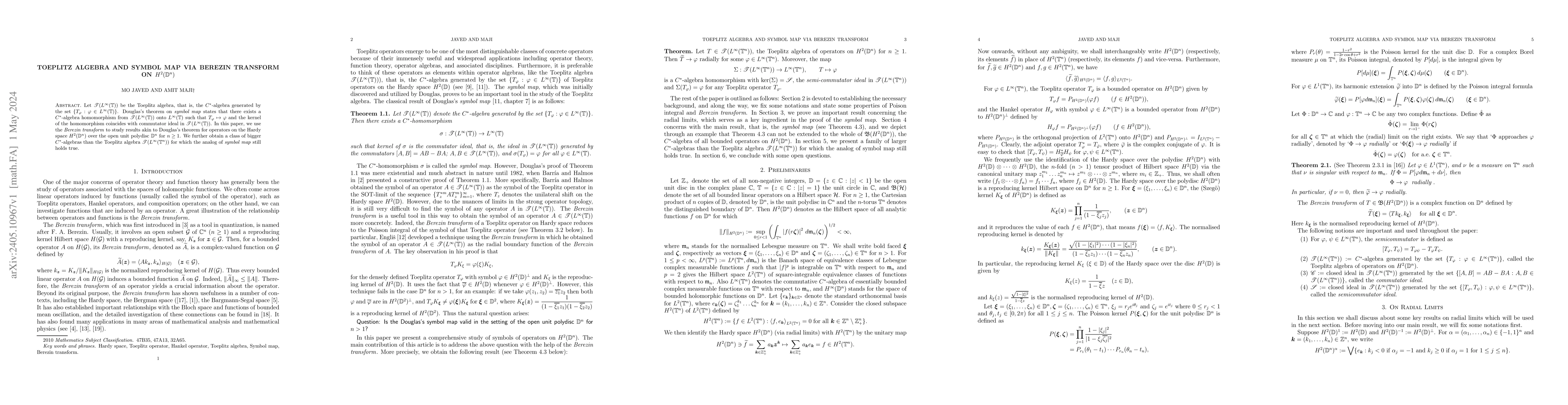 Thumbnail for Toeplitz algebra and Symbol map via Berezin transform on
  $H^2(\mathbb{D}^n)$
