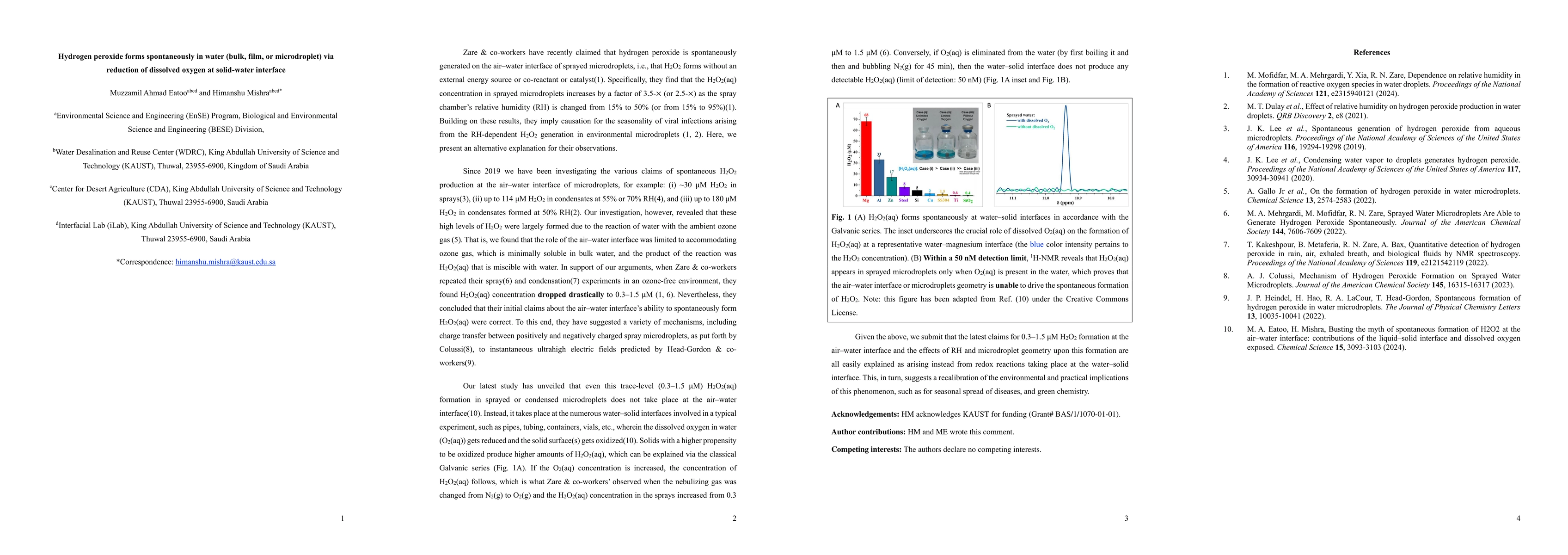 Thumbnail for Hydrogen peroxide forms spontaneously in water (bulk, film, or
  microdroplet) via reduction of dissolved oxygen at solid-water interface