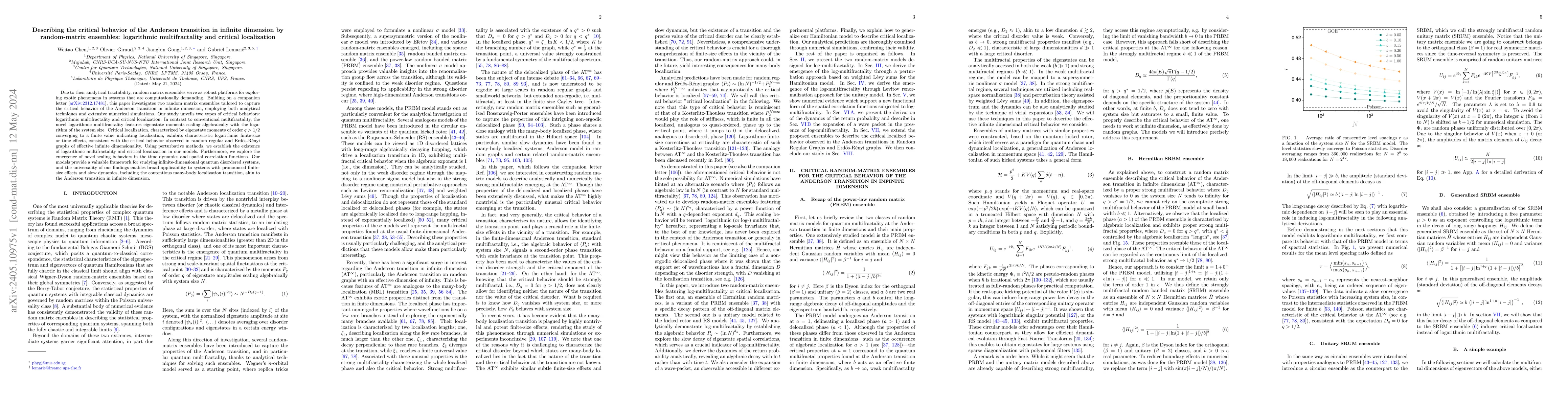 Thumbnail for Describing the critical behavior of the Anderson transition in infinite
  dimension by random-matrix ensembles: logarithmic multifractality and
  critical localization
