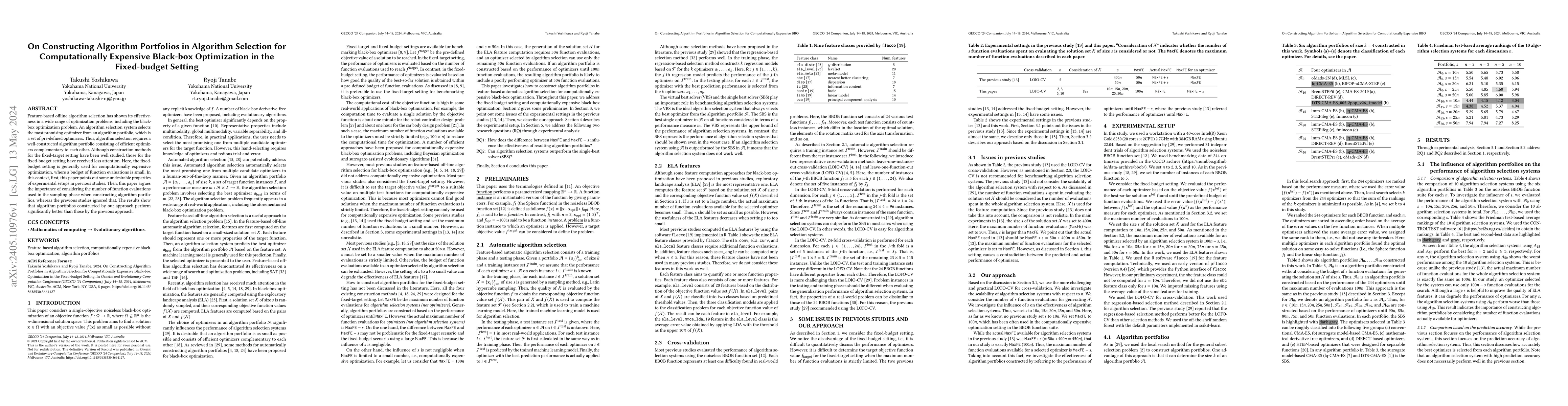 Thumbnail for On Constructing Algorithm Portfolios in Algorithm Selection for
  Computationally Expensive Black-box Optimization in the Fixed-budget Setting