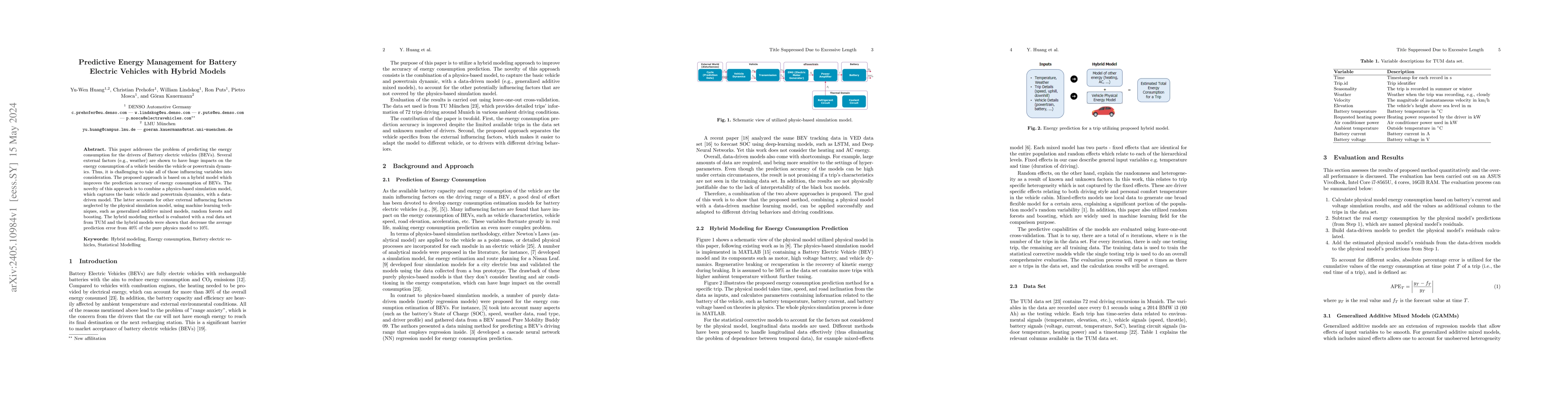 Thumbnail for Predictive Energy Management for Battery Electric Vehicles with Hybrid
  Models