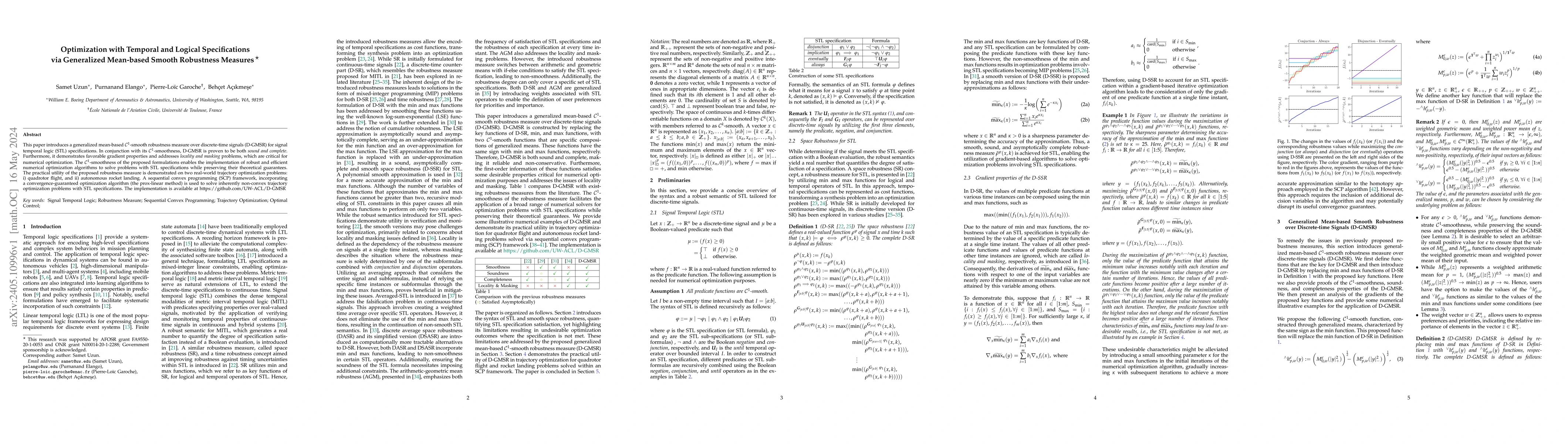 Thumbnail for Optimization with Temporal and Logical Specifications via Generalized
  Mean-based Smooth Robustness Measures
