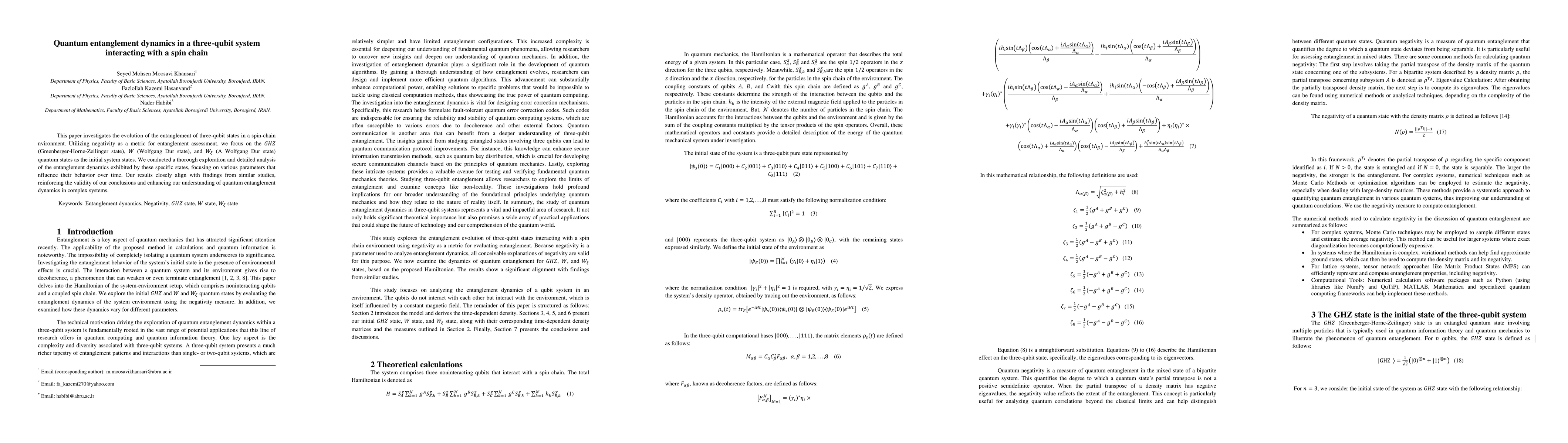 Thumbnail for Quantum entanglement dynamics in a three-qubit system interacting with a
  spin chain