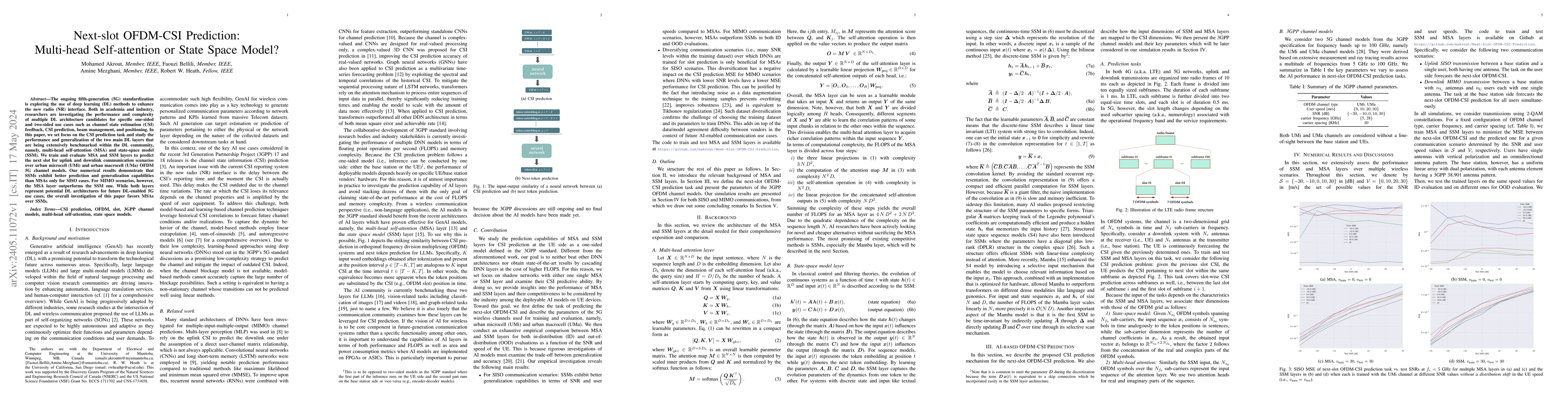 Thumbnail for Next-slot OFDM-CSI Prediction: Multi-head Self-attention or State Space
  Model?