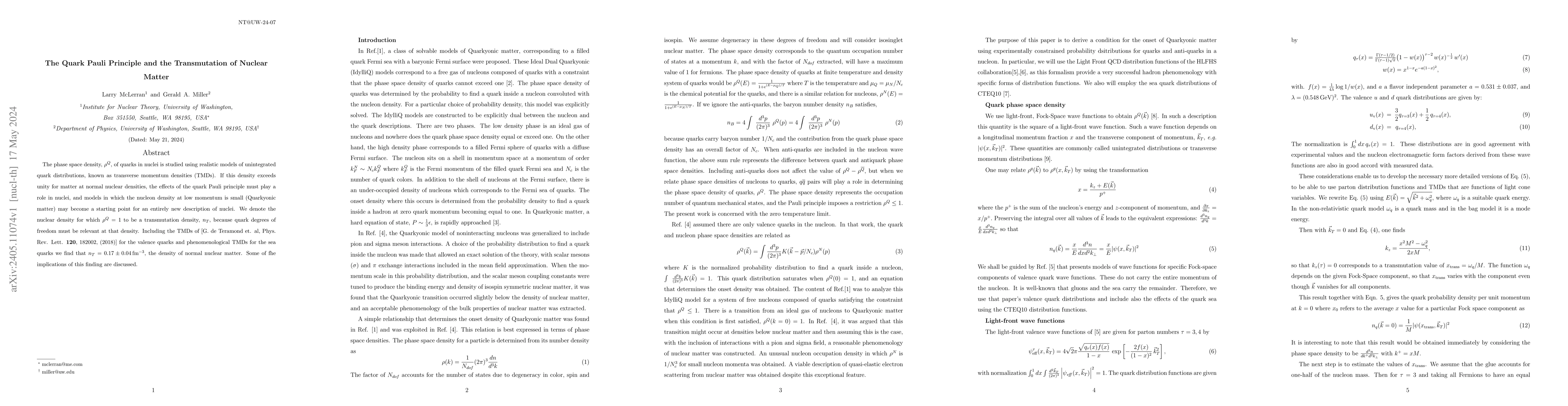 Thumbnail for The Quark Pauli Principle and the Transmutation of Nuclear Matter