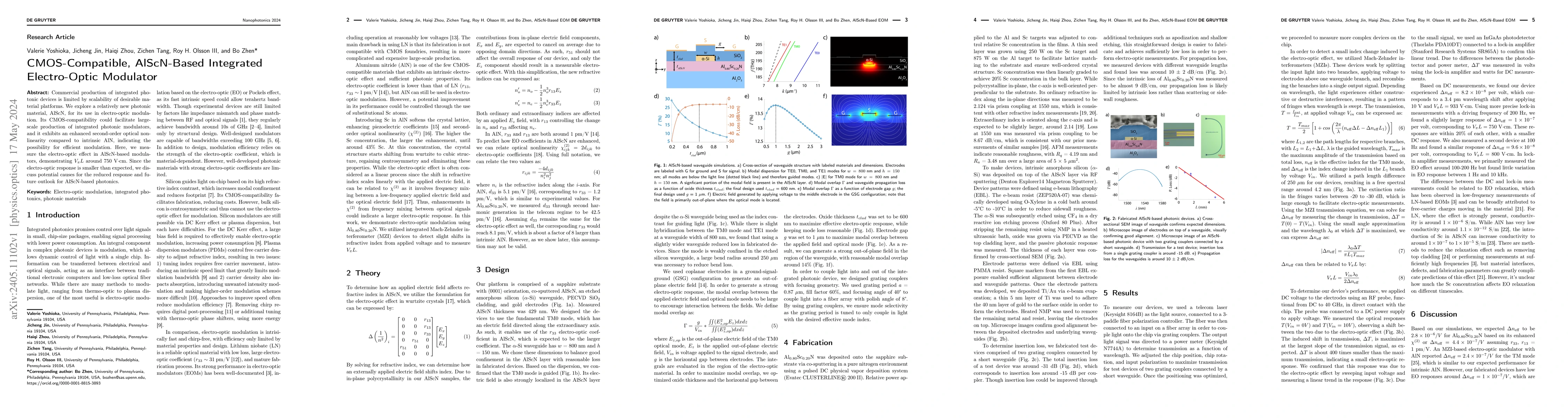 Thumbnail for CMOS-Compatible, AlScN-Based Integrated Electro-Optic Modulator