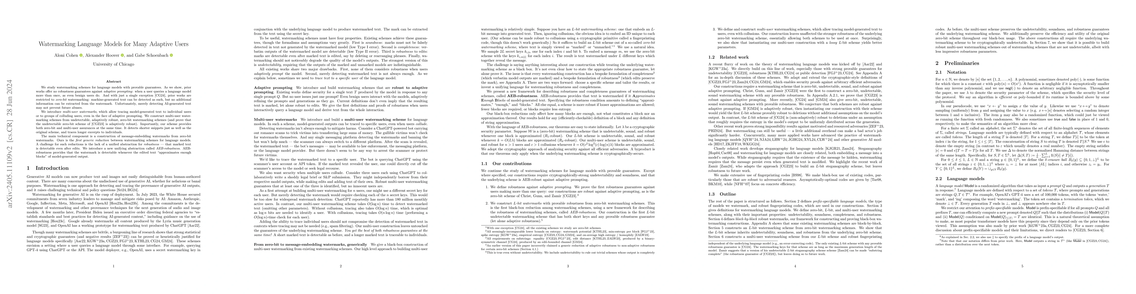 Thumbnail for Watermarking Language Models for Many Adaptive Users