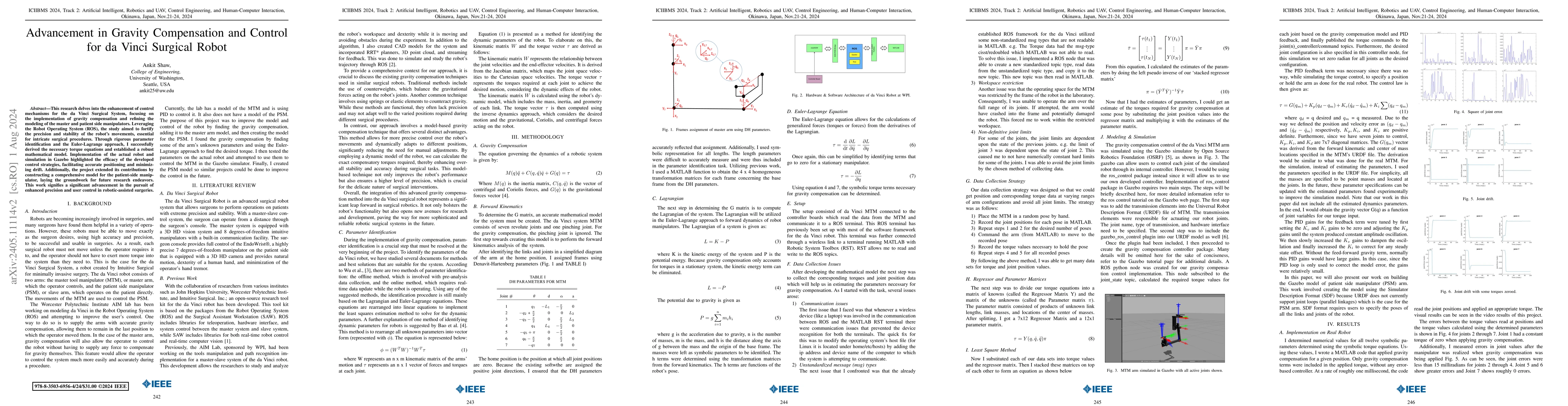 Thumbnail for Advancements in Gravity Compensation and Control for the da Vinci
  Surgical Robot