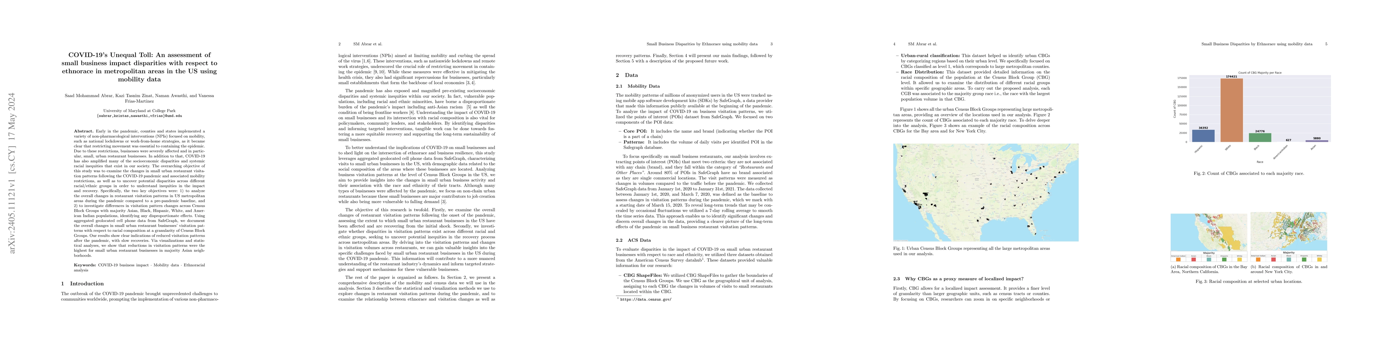 Thumbnail for COVID-19's Unequal Toll: An assessment of small business impact
  disparities with respect to ethnorace in metropolitan areas in the US using
  mobility data