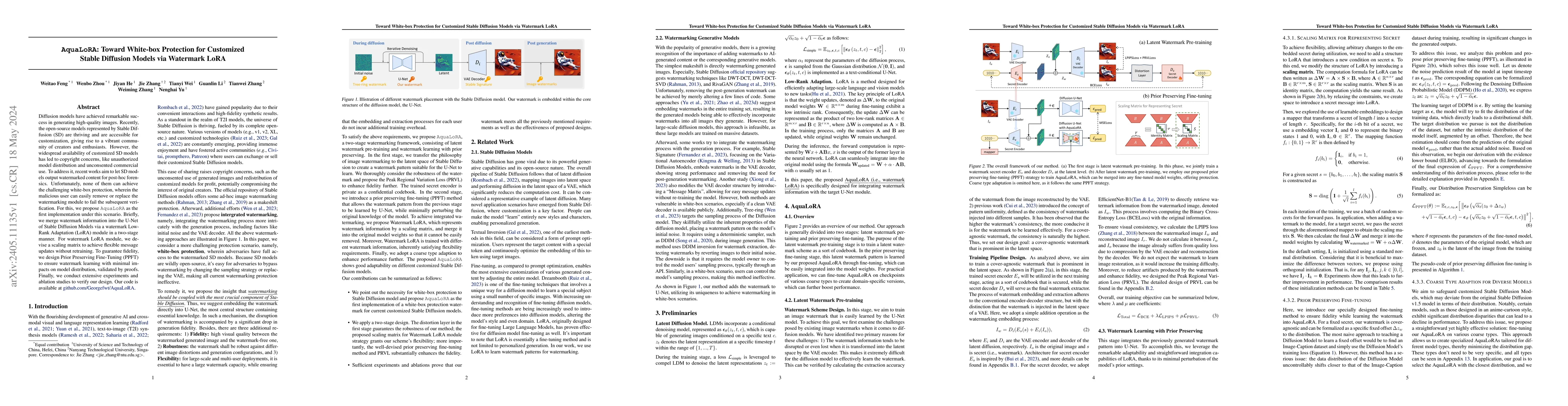 Thumbnail for AquaLoRA: Toward White-box Protection for Customized Stable Diffusion
  Models via Watermark LoRA