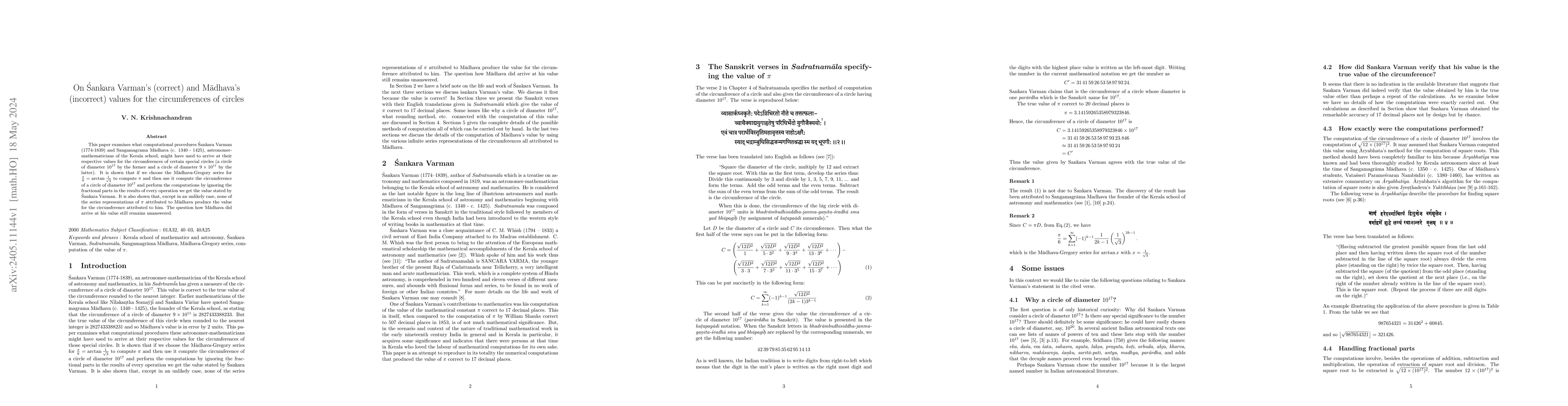 Thumbnail for On \'Sankara Varman's (correct) and M\=adhava's (incorrect) values for
  the circumferences of circles