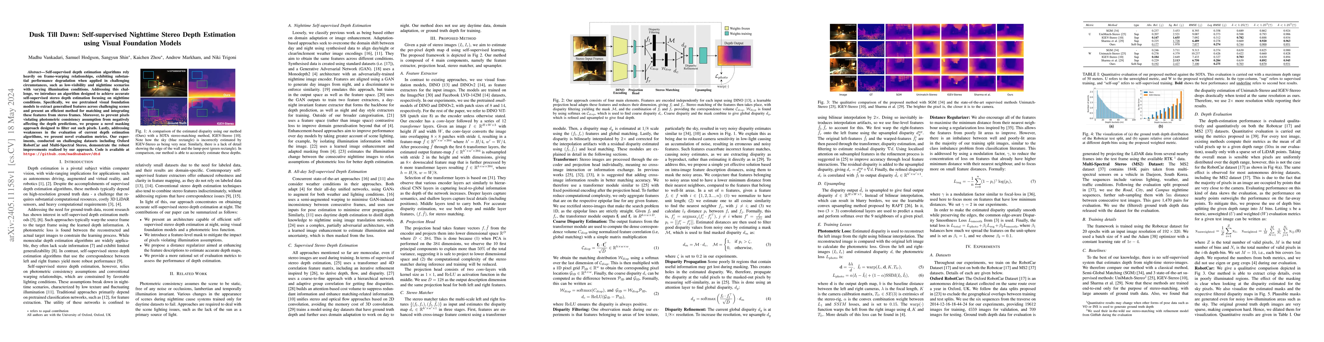 Thumbnail for Dusk Till Dawn: Self-supervised Nighttime Stereo Depth Estimation using
  Visual Foundation Models