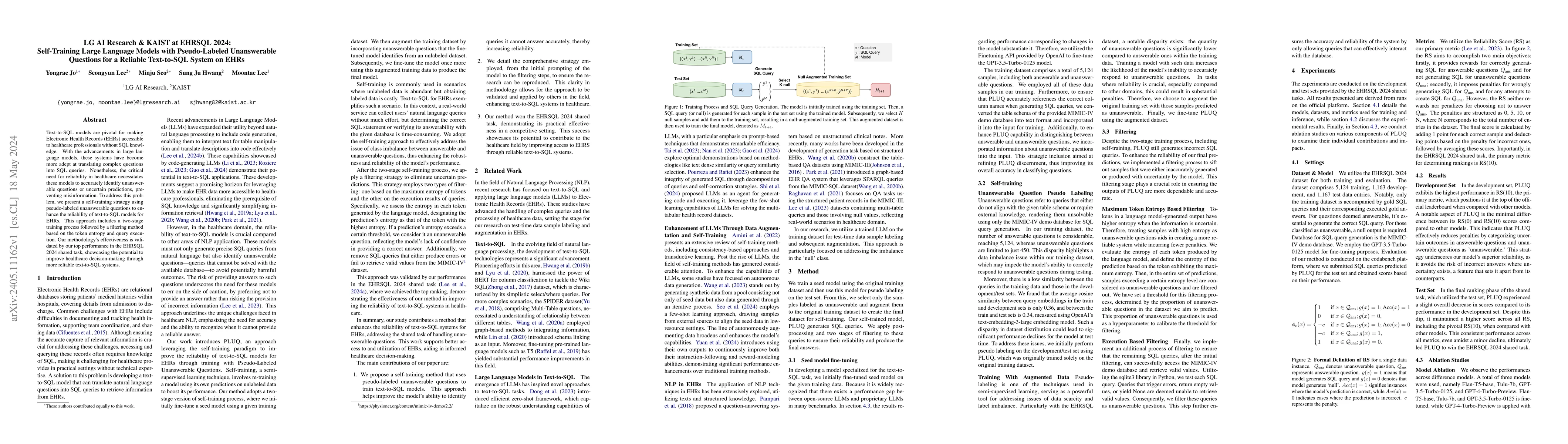 Thumbnail for LG AI Research & KAIST at EHRSQL 2024: Self-Training Large Language
  Models with Pseudo-Labeled Unanswerable Questions for a Reliable Text-to-SQL
  System on EHRs