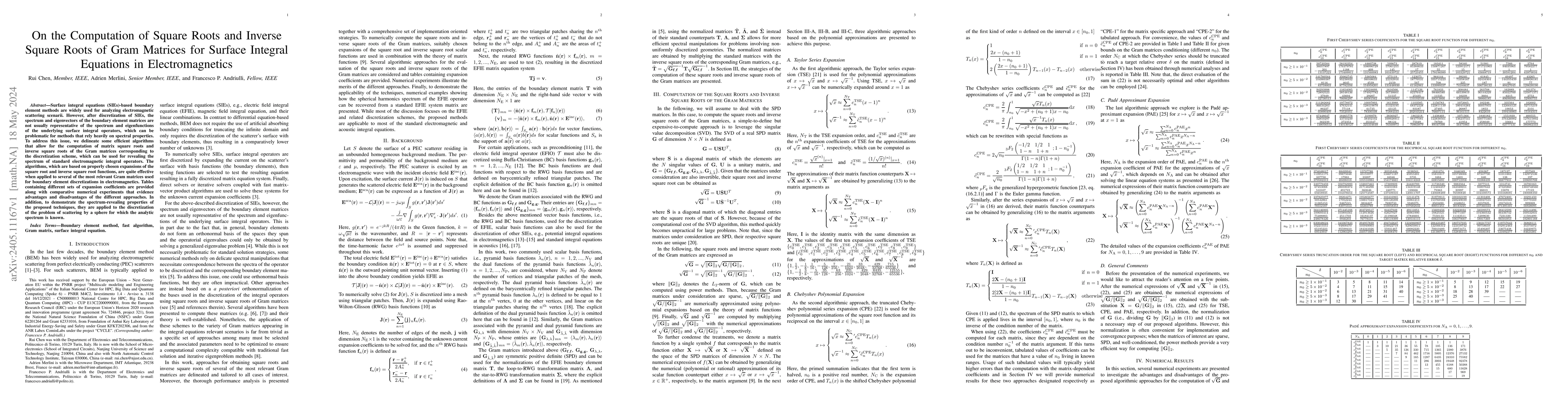 Thumbnail for On the Computation of Square Roots and Inverse Square Roots of Gram
  Matrices for Surface Integral Equations in Electromagnetics
