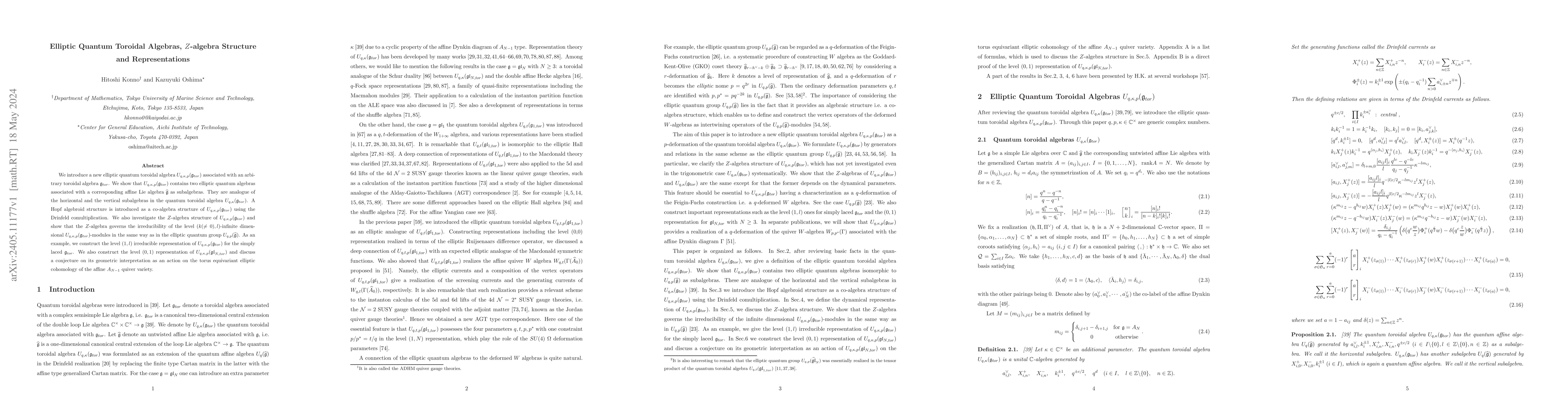 Thumbnail for Elliptic Quantum Toroidal Algebras, Z-algebra Structure and
  Representations