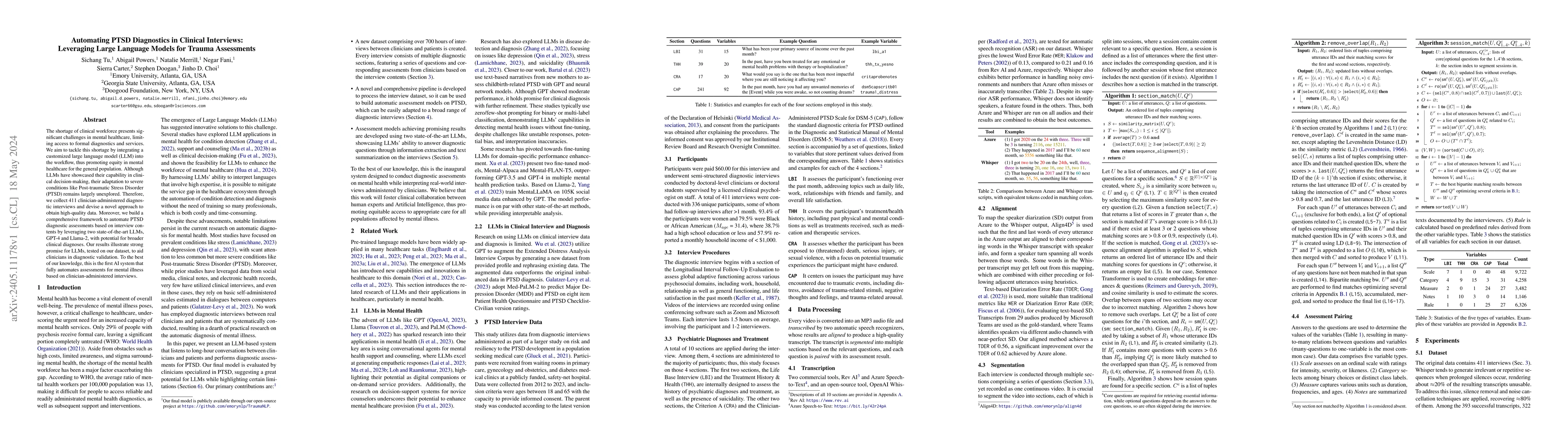 Thumbnail for Automating PTSD Diagnostics in Clinical Interviews: Leveraging Large
  Language Models for Trauma Assessments