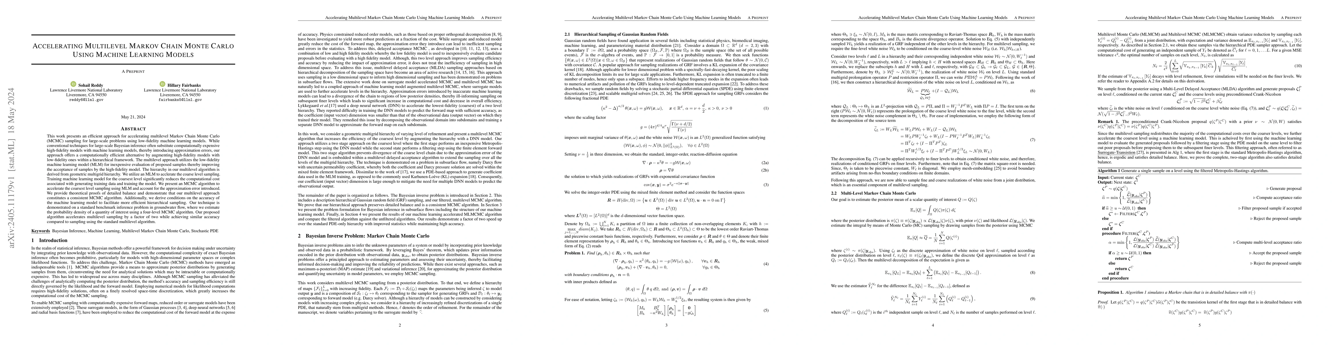 Thumbnail for Accelerating Multilevel Markov Chain Monte Carlo Using Machine Learning
  Models