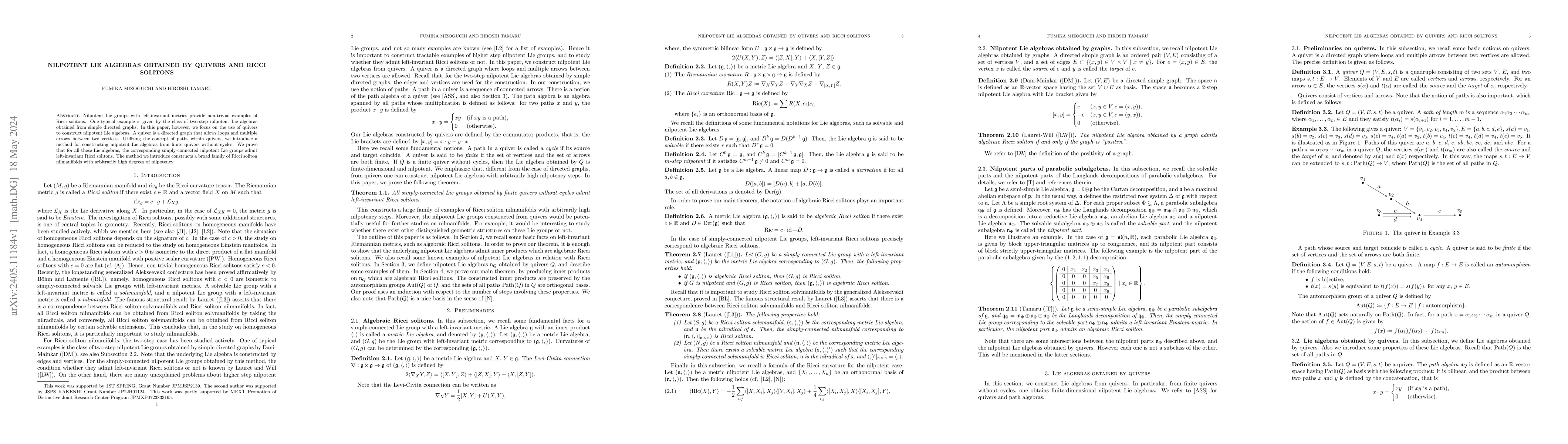 Thumbnail for Nilpotent Lie algebras obtained by quivers and Ricci solitons