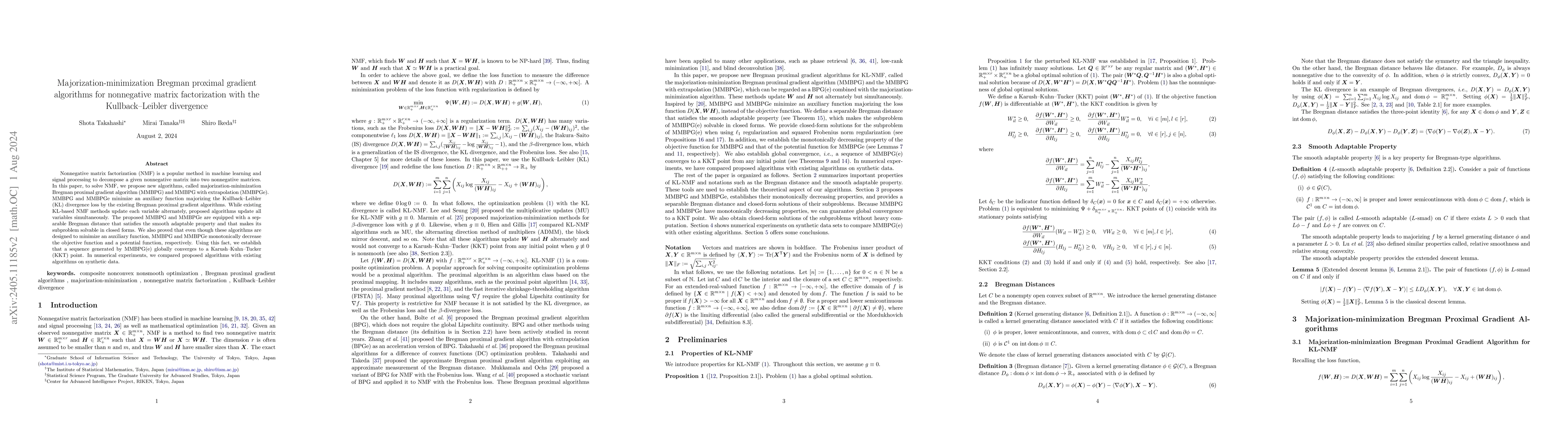 Thumbnail for Majorization-minimization Bregman proximal gradient algorithms for
  nonnegative matrix factorization with the Kullback--Leibler divergence