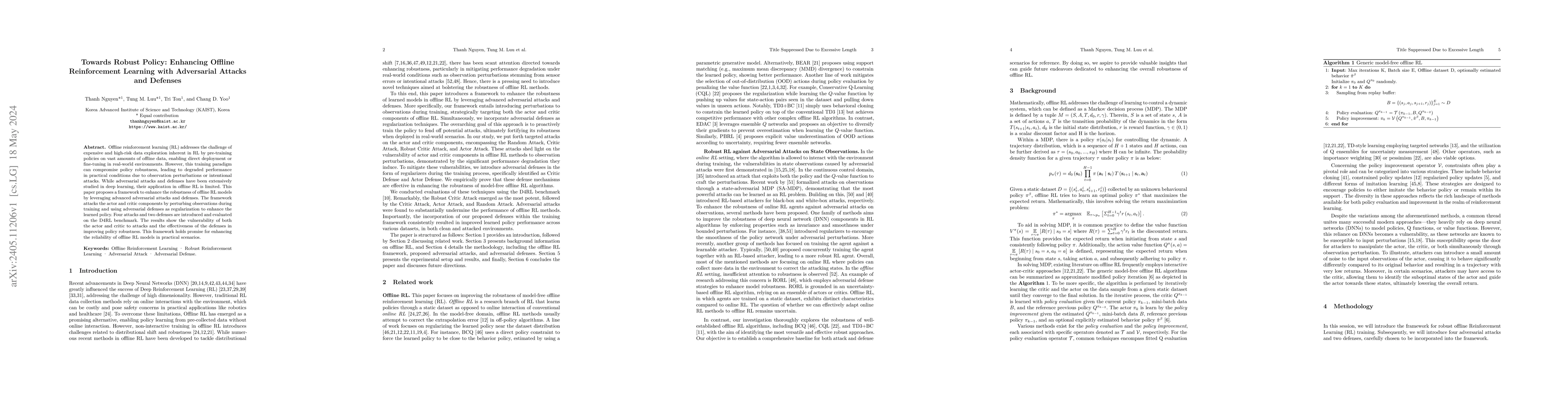 Thumbnail for Towards Robust Policy: Enhancing Offline Reinforcement Learning with
  Adversarial Attacks and Defenses