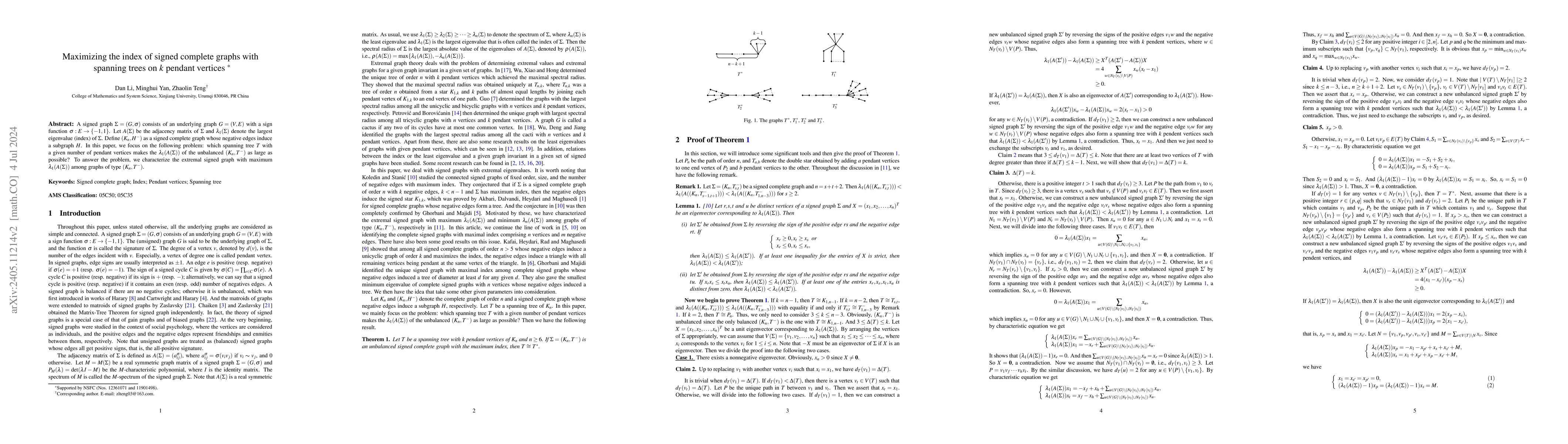 Thumbnail for Maximizing the index of signed complete graphs with spanning trees on
  $k$ pendant vertices
