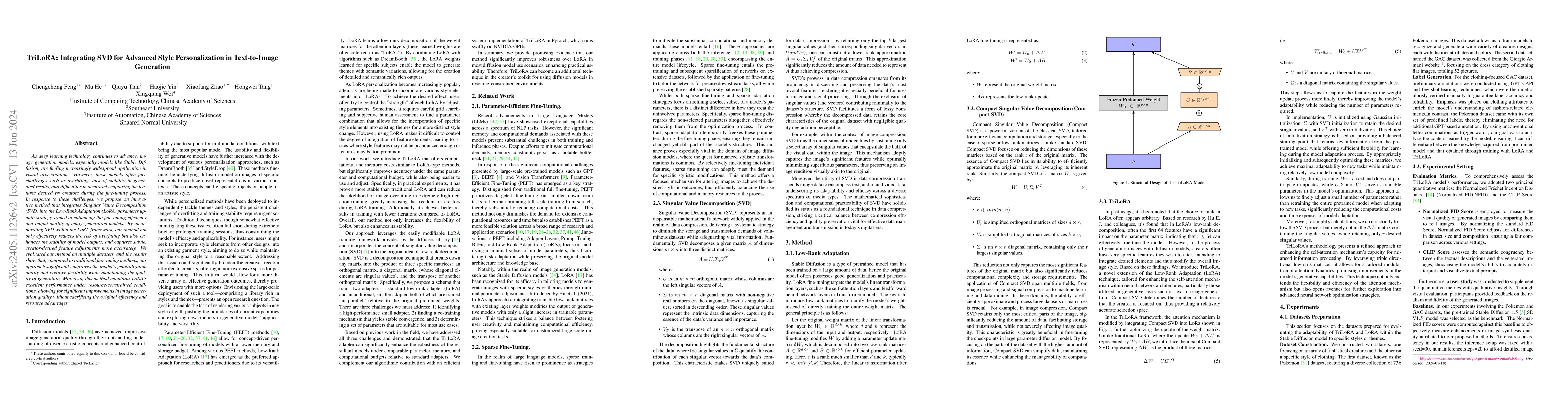 Thumbnail for TriLoRA: Integrating SVD for Advanced Style Personalization in
  Text-to-Image Generation