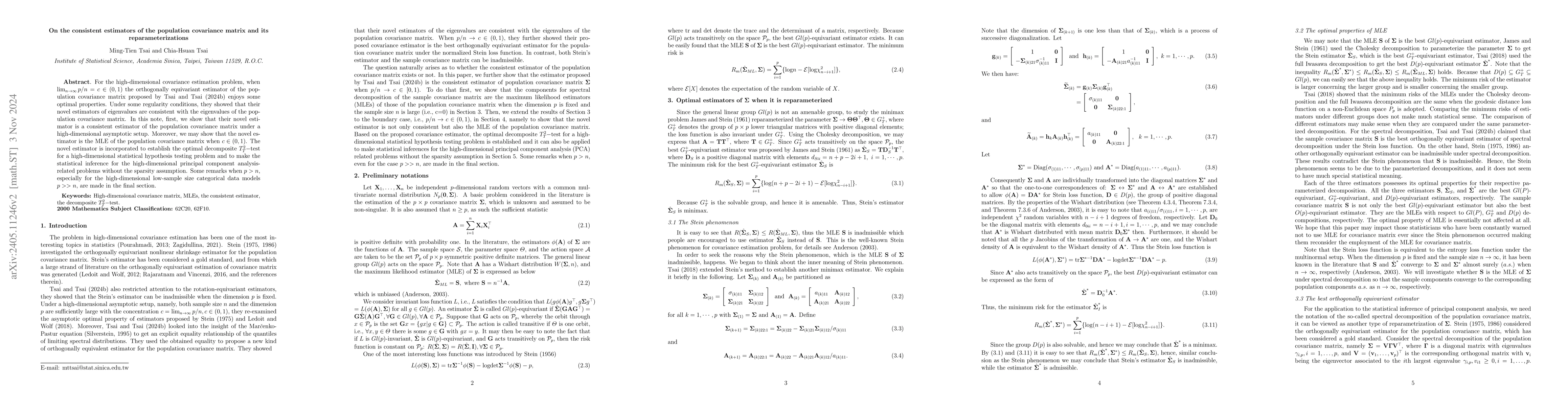 Thumbnail for On the consistent estimators of the population covariance matrix and its
  reparameterizations