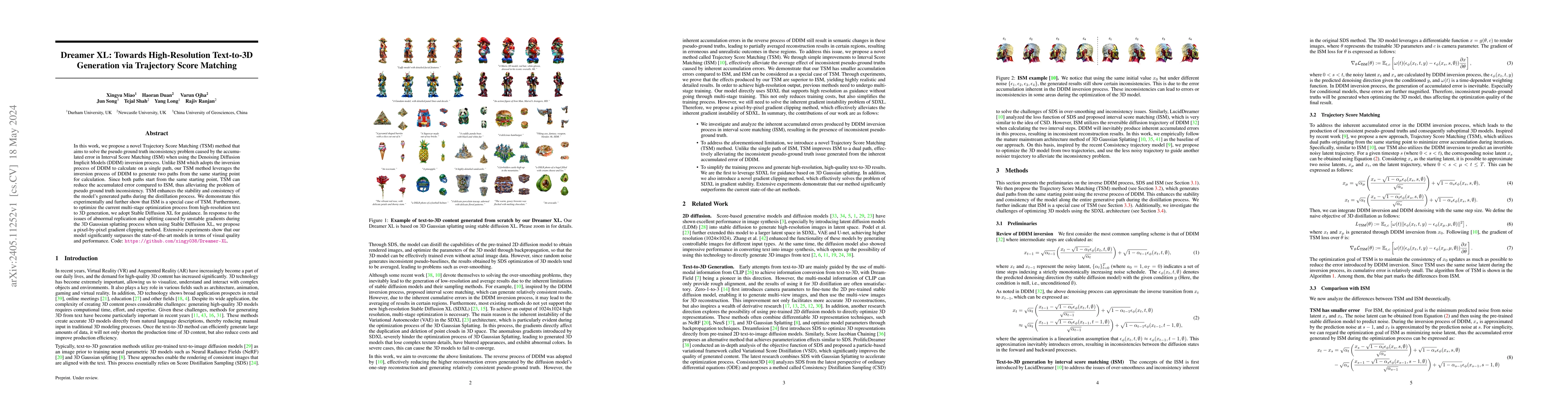 Thumbnail for Dreamer XL: Towards High-Resolution Text-to-3D Generation via Trajectory
  Score Matching