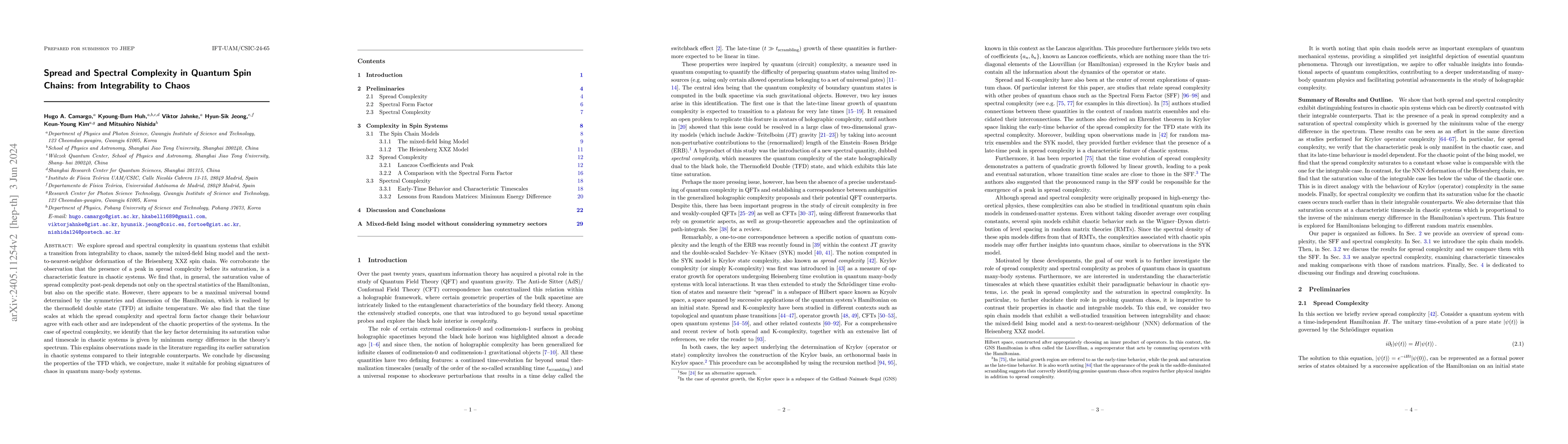 Thumbnail for Spread and Spectral Complexity in Quantum Spin Chains: from
  Integrability to Chaos