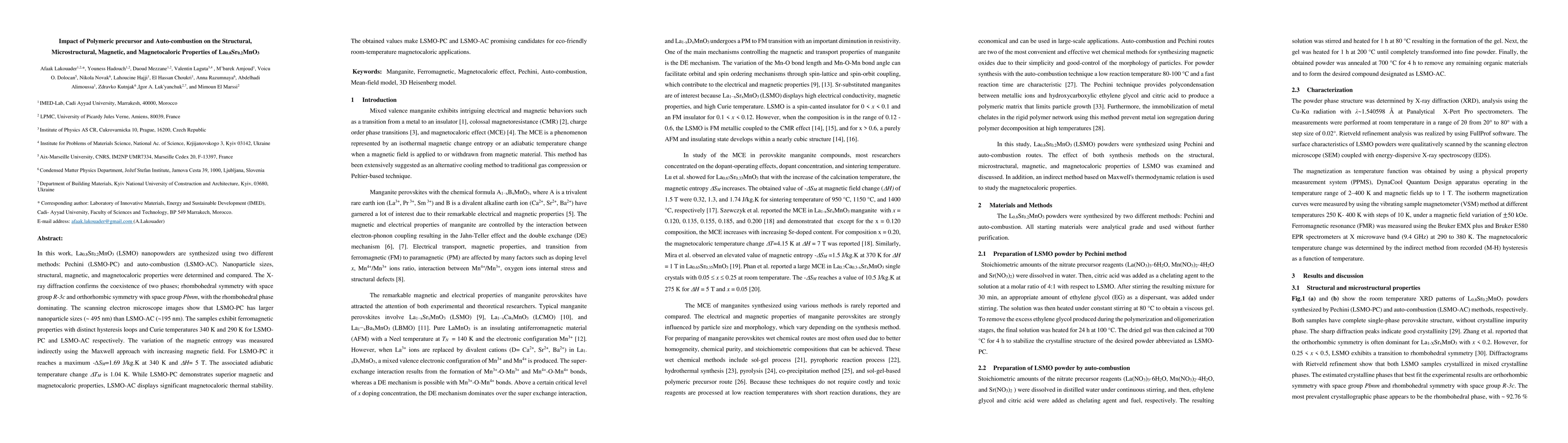 Thumbnail for Impact of Polymeric precursor and Auto-combustion on the Structural,
  Microstructural, Magnetic, and Magnetocaloric Properties of La0.8Sr0.2MnO3
